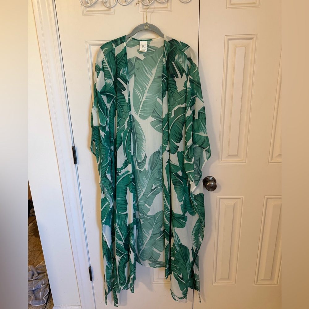 Palm Leaf Print Kimono Plus Sz